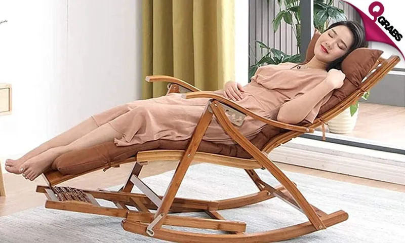 Bamboo Recliner Rocking Chair with Cushion & Footrest Massage Plate!